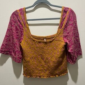 Free People Mustard Yellow and Pink Mixed Pattern Top